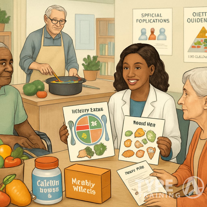 A group of older adults and special populations receiving nutrition services in a community health center, including consultations, meal plans, and cooking demonstrations.