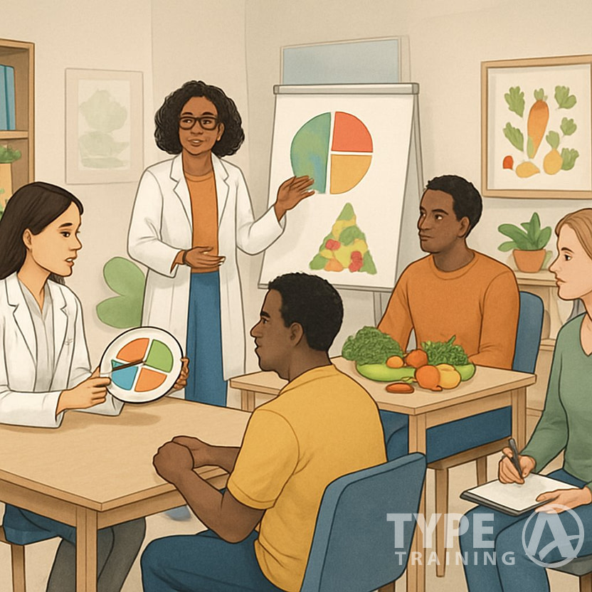 A scene showing people receiving nutrition education and counseling in a clinic, including individual consultations, group workshops, and meal planning guidance.