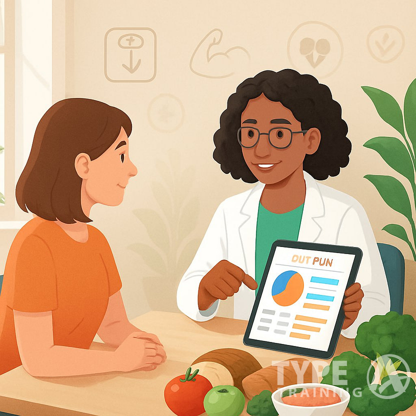 A nutritionist and a client discussing personalized nutrition plans with charts and healthy foods around them in a bright office.