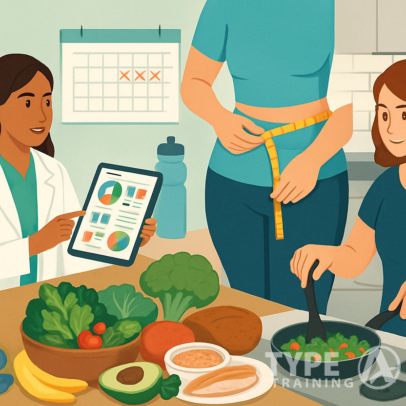 A scene showing a nutritionist advising a client with charts, fresh healthy foods on a table, a person measuring their waist, and someone preparing a nutritious meal, surrounded by fitness and wellness items.