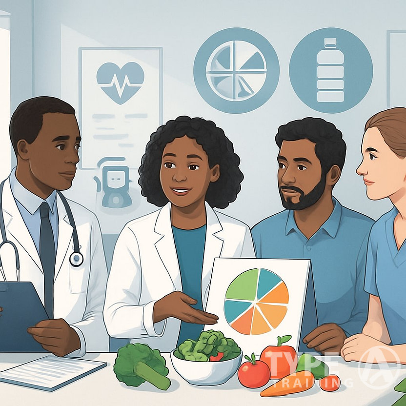 Healthcare professionals and nutritionists working together in a clinical setting with healthy foods and medical tools symbolizing nutrition services for chronic conditions and health goals.