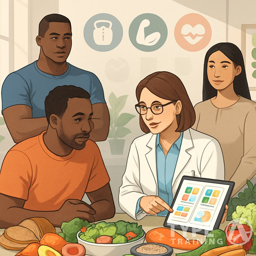 A nutritionist consulting with a person in a wellness center surrounded by fresh healthy foods and icons representing different nutrition goals.