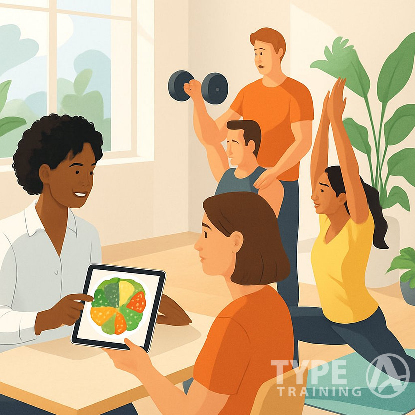 A group of people engaged in nutrition coaching, yoga, and strength training in a bright room with plants and sunlight.