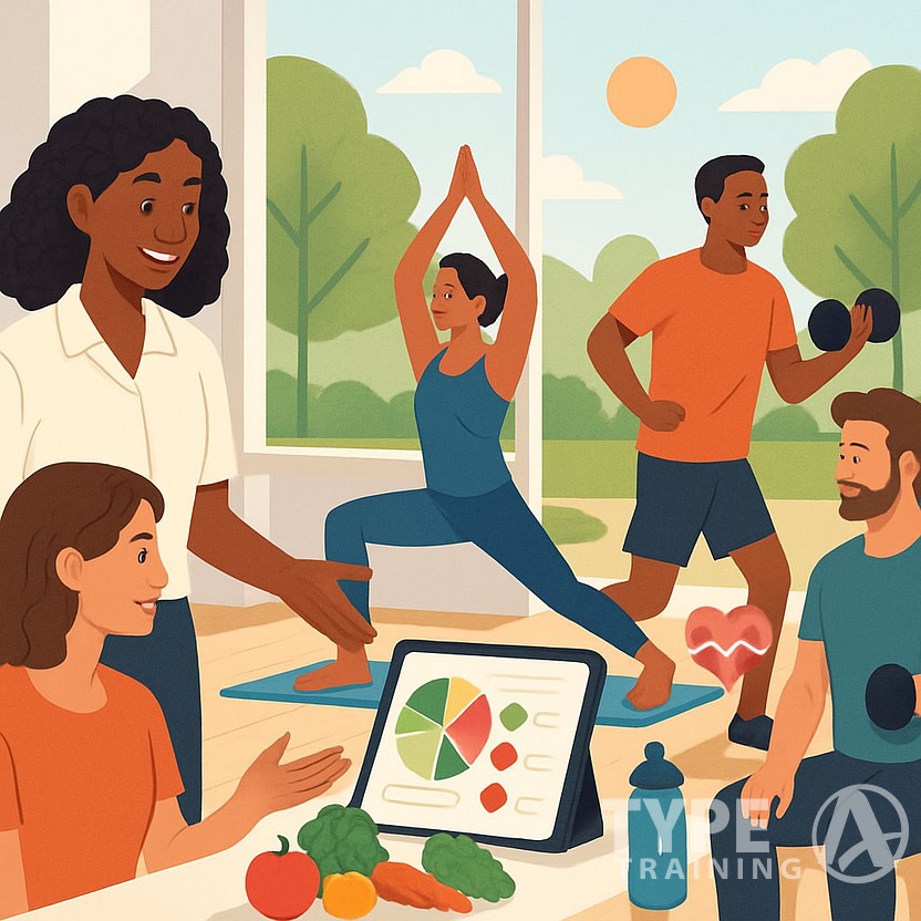 A group of people exercising and a nutrition coach showing healthy foods in a bright, natural setting symbolizing wellness and balance.