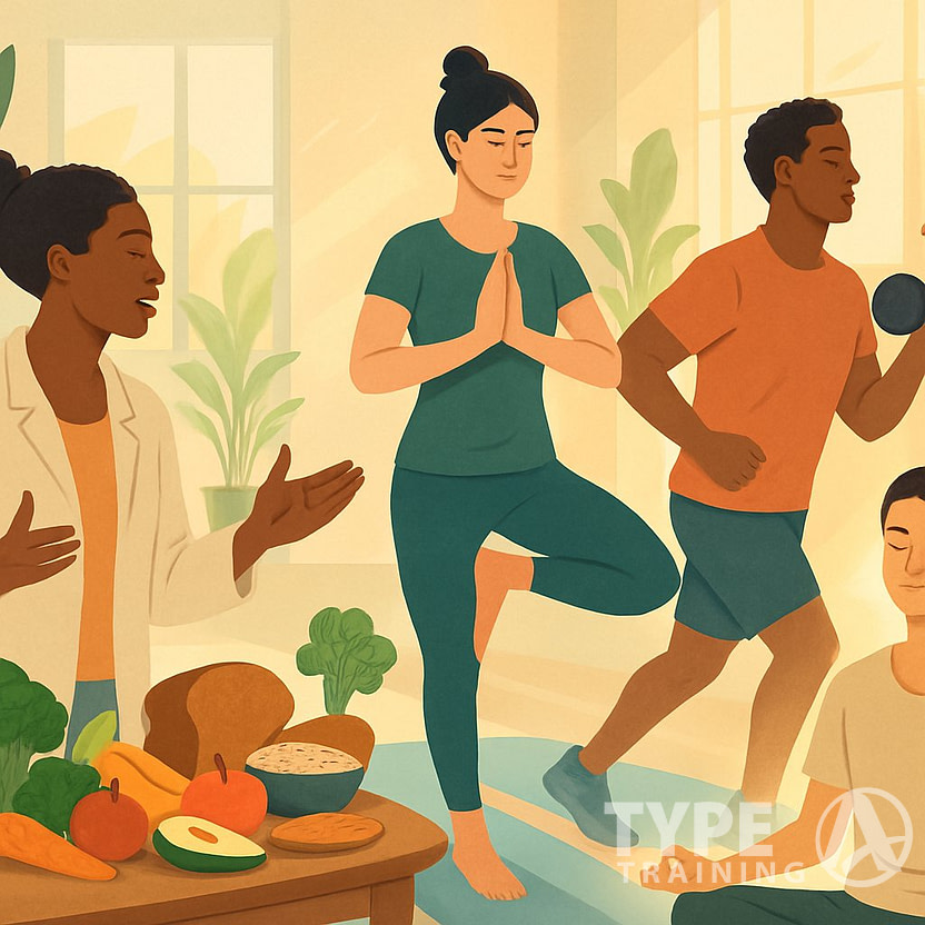 A group of people engaging in nutrition coaching, exercise, and mindfulness activities in a bright wellness center with natural light and plants.