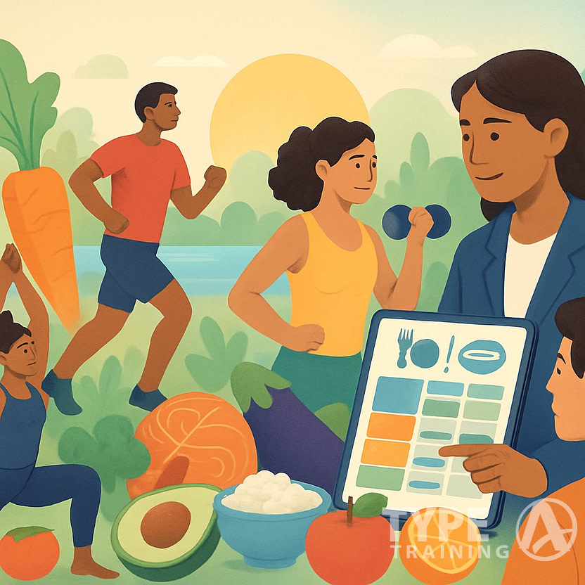 People exercising and eating healthy foods with a coach guiding them in a balanced wellness setting.