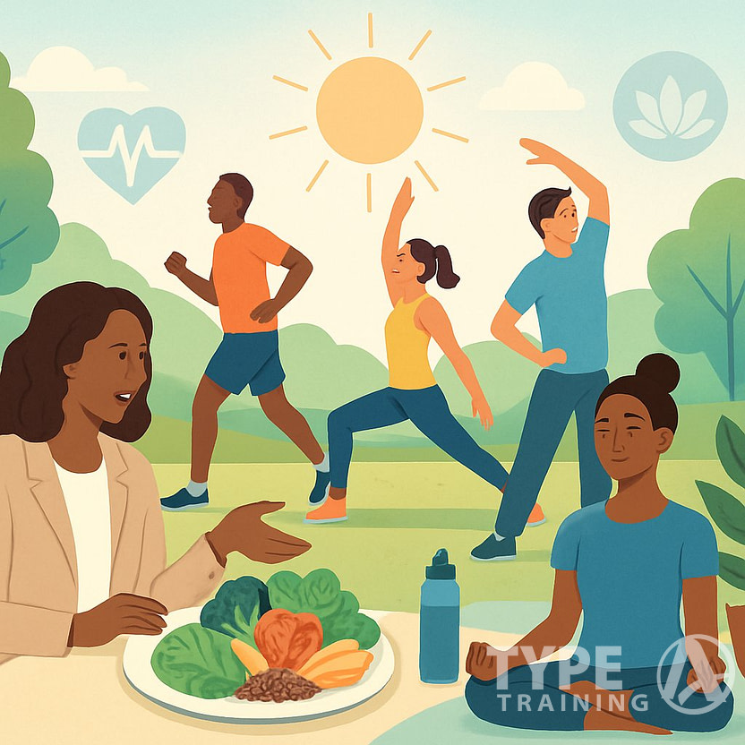 People engaging in nutrition coaching, exercising, and practicing wellness activities in a bright, natural setting.