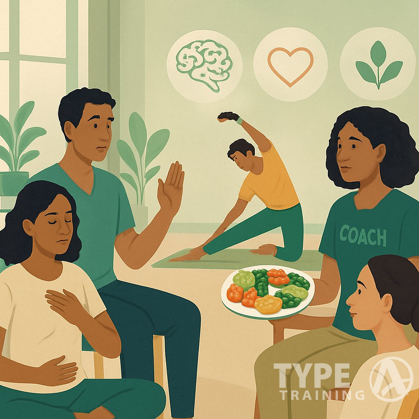 People participating in a wellness coaching session involving mindful breathing, nutrition guidance with healthy food, and gentle exercise in a calm studio setting.