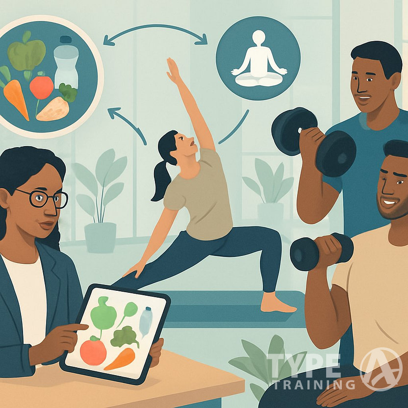 People engaging in nutrition coaching, exercise, and wellness activities together in a modern wellness center.