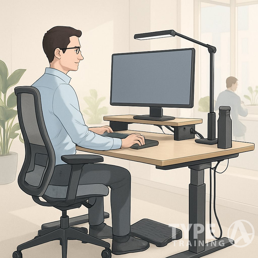 An office workspace with ergonomic tools including an adjustable desk, ergonomic chair, monitor at eye level, keyboard and mouse, footrest, and plants by a window.