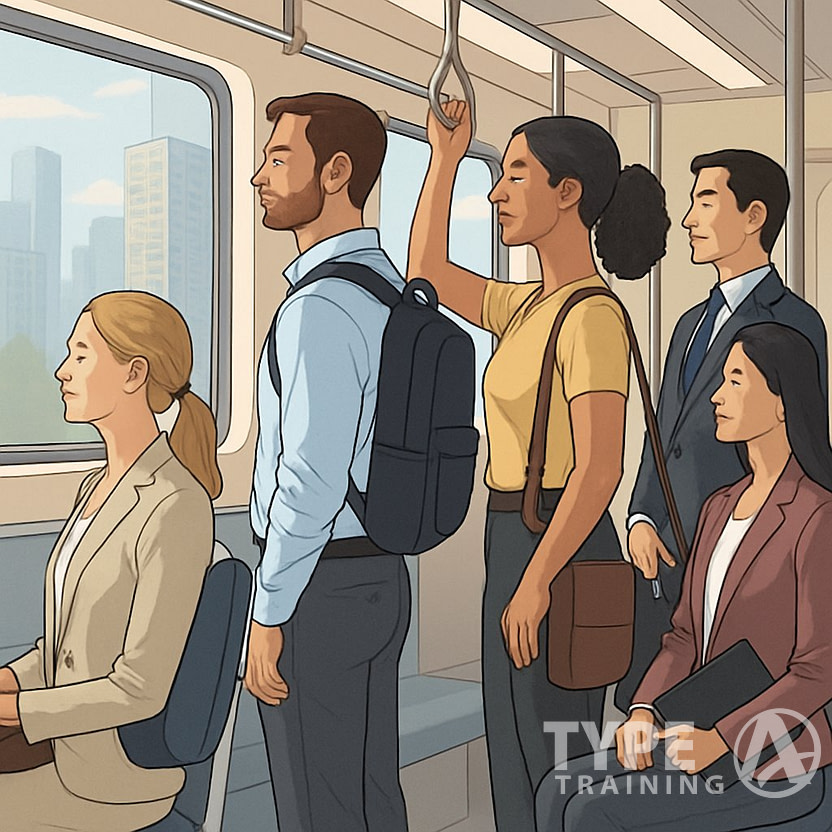 A group of commuting professionals standing and sitting with good posture inside a crowded subway train, showing straight backs and relaxed shoulders.