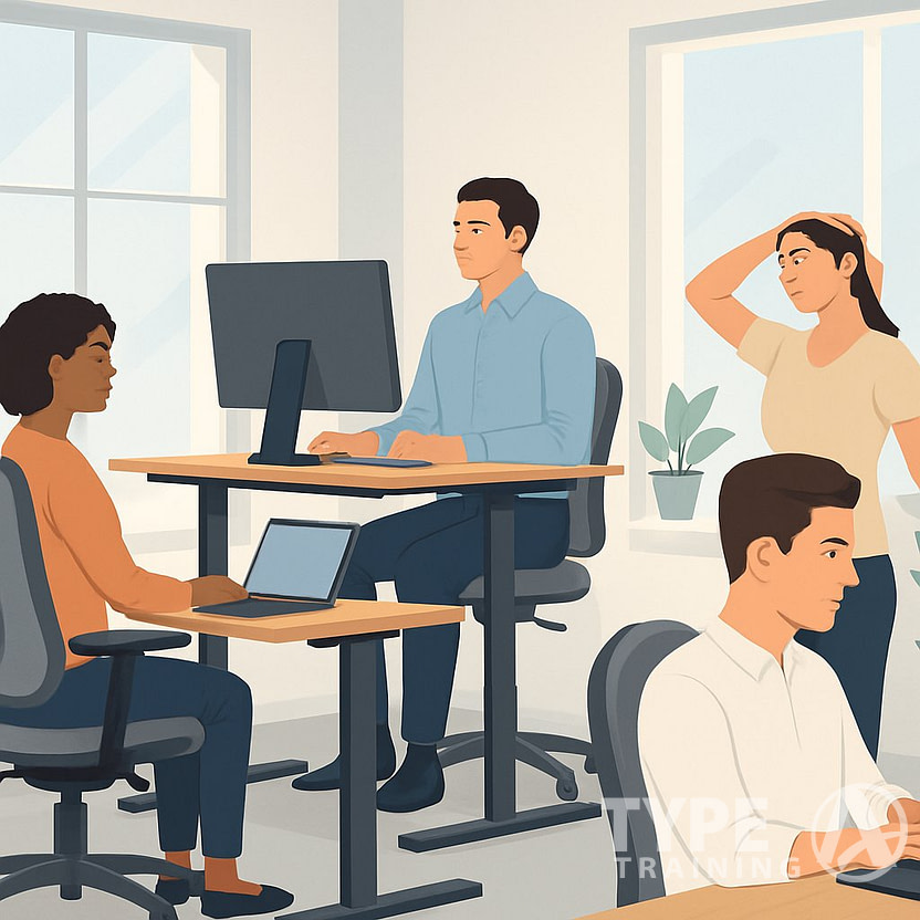 Office workers using ergonomic desks and chairs with good posture, some doing neck stretches, in a bright and modern digital workplace.