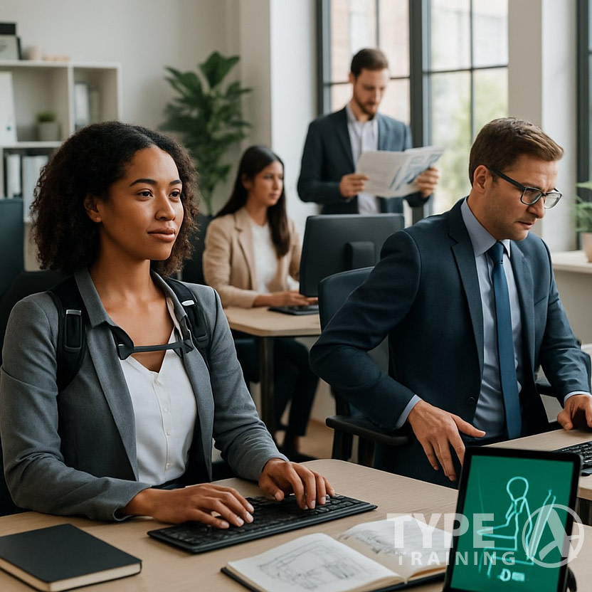 Busy professionals in an office using posture training tools, including a posture corrector device and ergonomic chairs, to maintain proper posture while working.