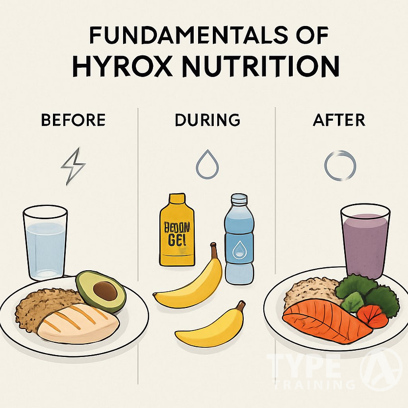 A clear illustration showing three stages of nutrition for HYROX: balanced meal before, light snacks and hydration during, and protein-rich recovery meal after the event.