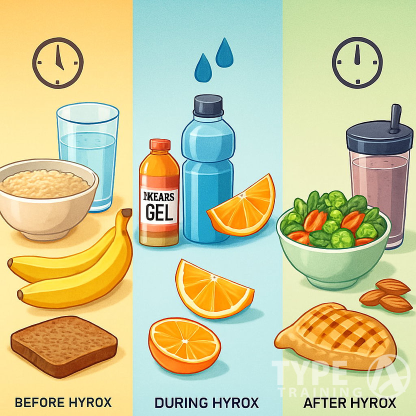 A detailed illustration showing three sections with different healthy foods and drinks for before, during, and after HYROX exercise, including fruits, grains, energy snacks, protein, and hydration.