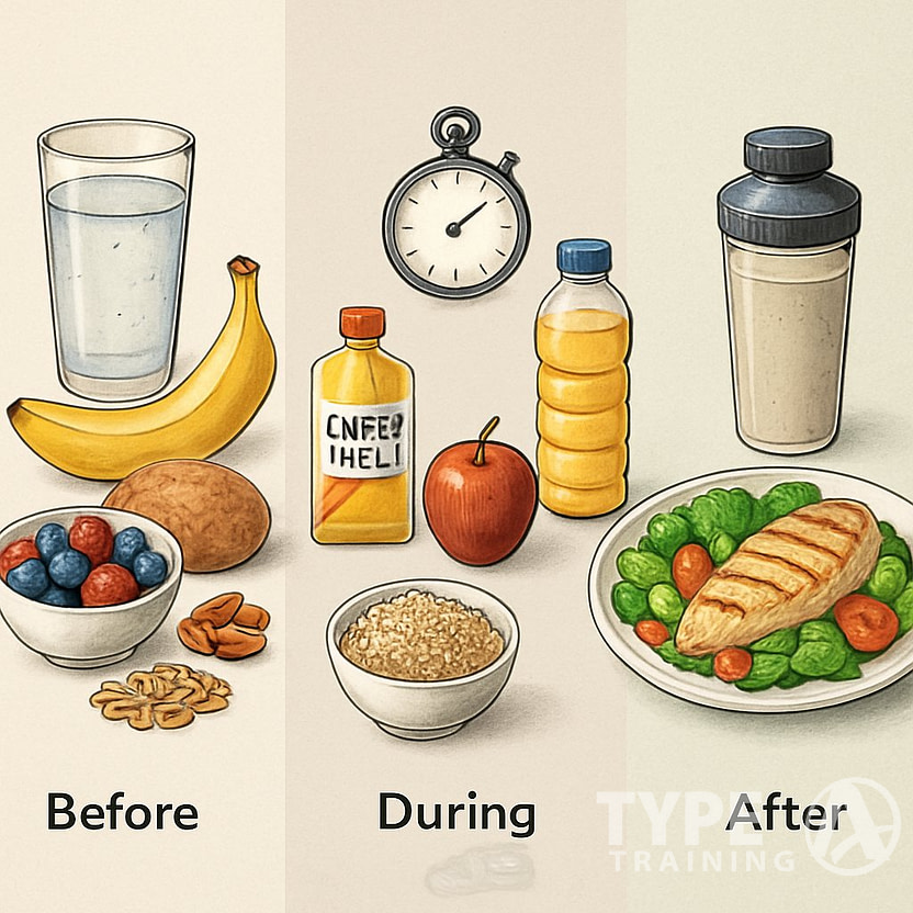 Illustration showing three stages of nutrition for a HYROX event: before with energy-rich foods, during with snacks and hydration, and after with recovery meals including protein and vegetables.