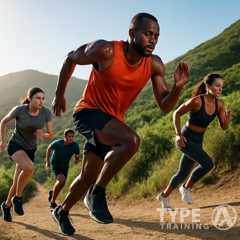 Runners doing hill workouts on a steep outdoor trail surrounded by green hills under a clear sky.
