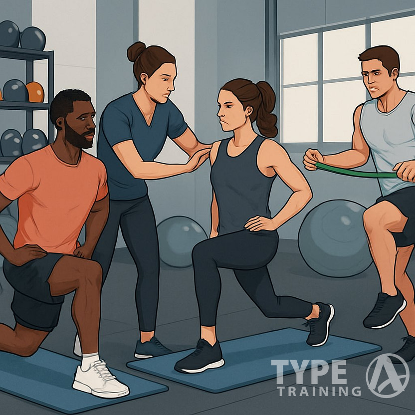 Athletes performing corrective exercises with a coach in a gym setting to improve performance and prevent injuries.