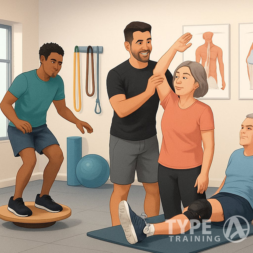 A corrective exercise specialist helping three individuals perform rehabilitation exercises in a bright studio with equipment and anatomical charts in the background.