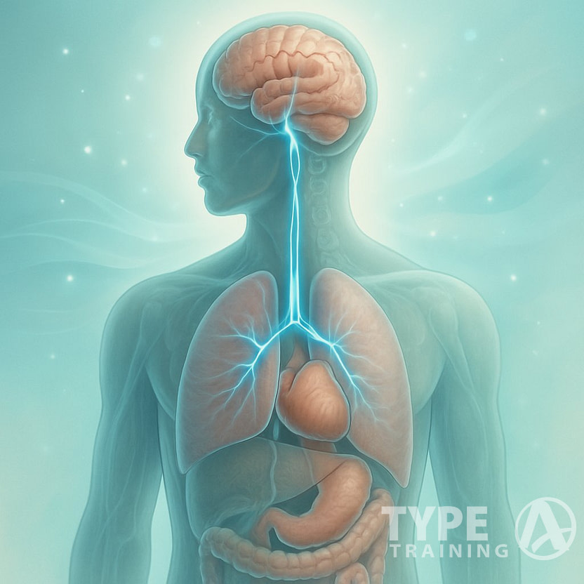 Illustration of a human torso showing the vagus nerve connecting the brain to the heart, lungs, and digestive system, symbolizing its role in reducing anxiety and stress.