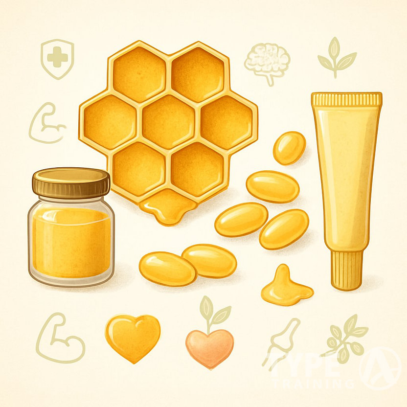 An illustration showing different forms of royal jelly including jars, capsules, and tubes around a honeycomb filled with royal jelly, with icons representing various health benefits.