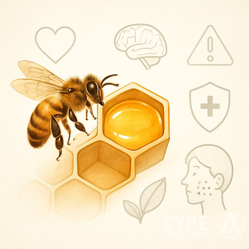 A honeybee near a honeycomb filled with royal jelly surrounded by symbols representing health benefits and subtle icons indicating potential side effects and risks.
