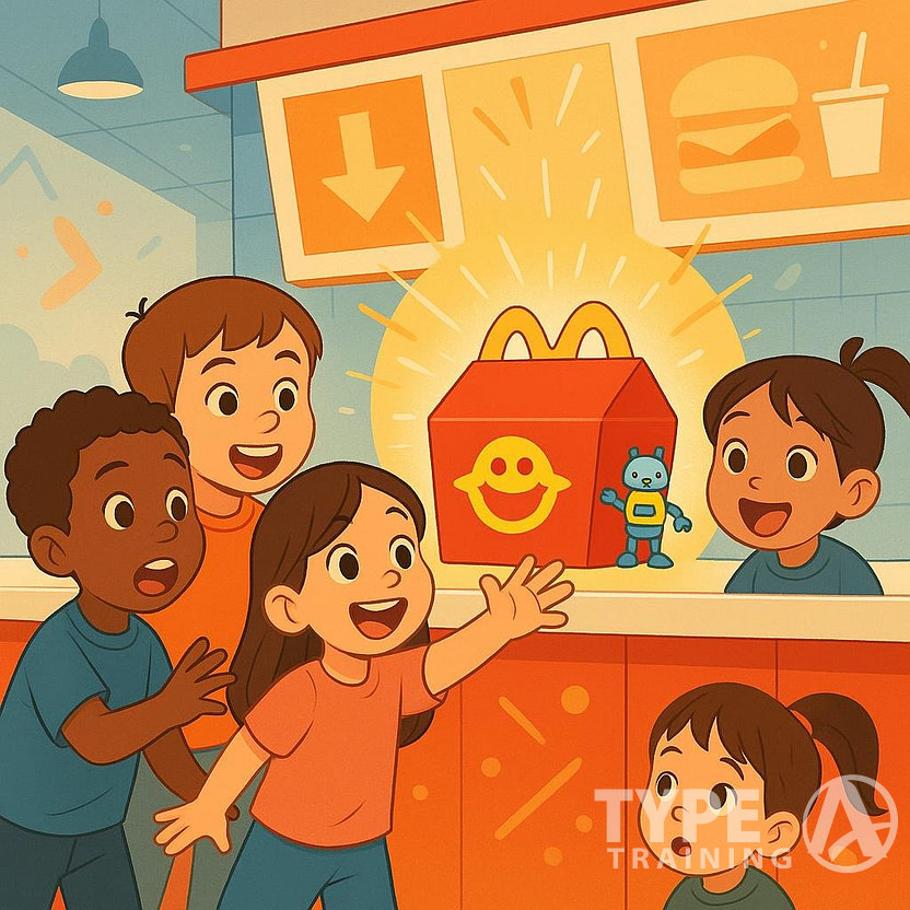 A dimly lit playground with a shadowy figure luring children with a glowing Happy Meal