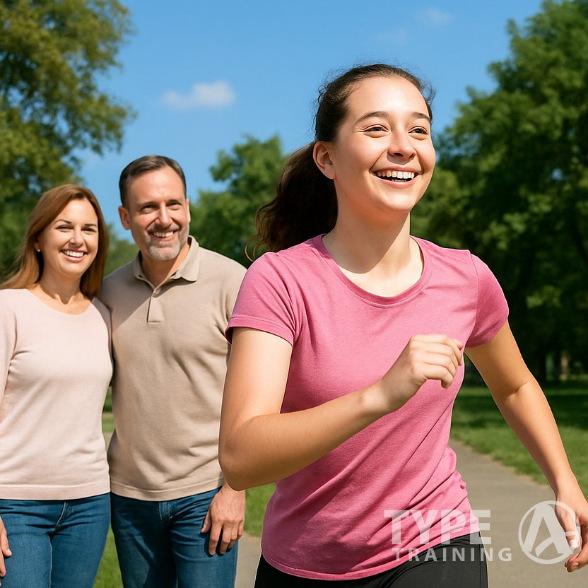 A teenage girl exercising outdoors while her parents watch and encourage her with smiles in a park.