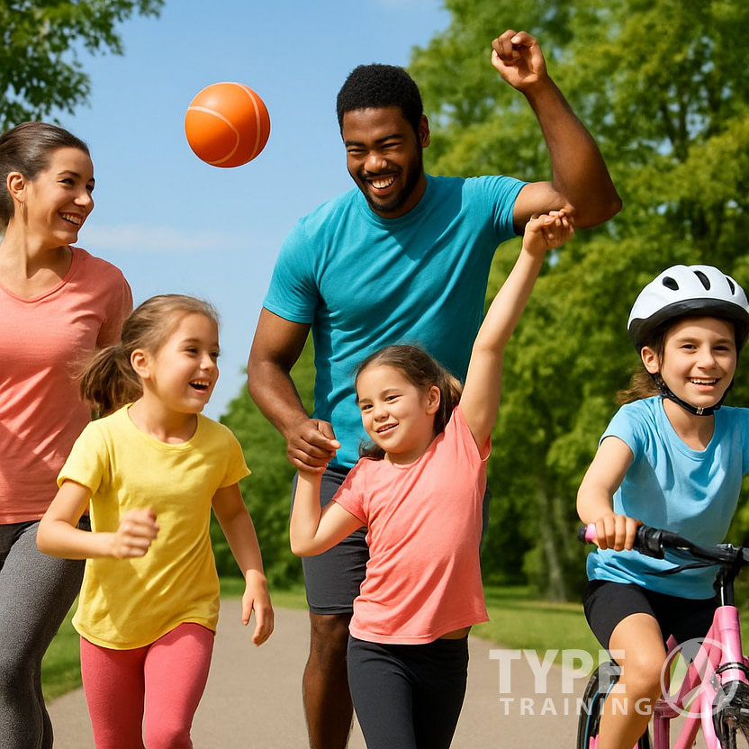 Parents and their daughters exercising together outdoors in a park, engaging in activities like jogging, biking, and playing catch.