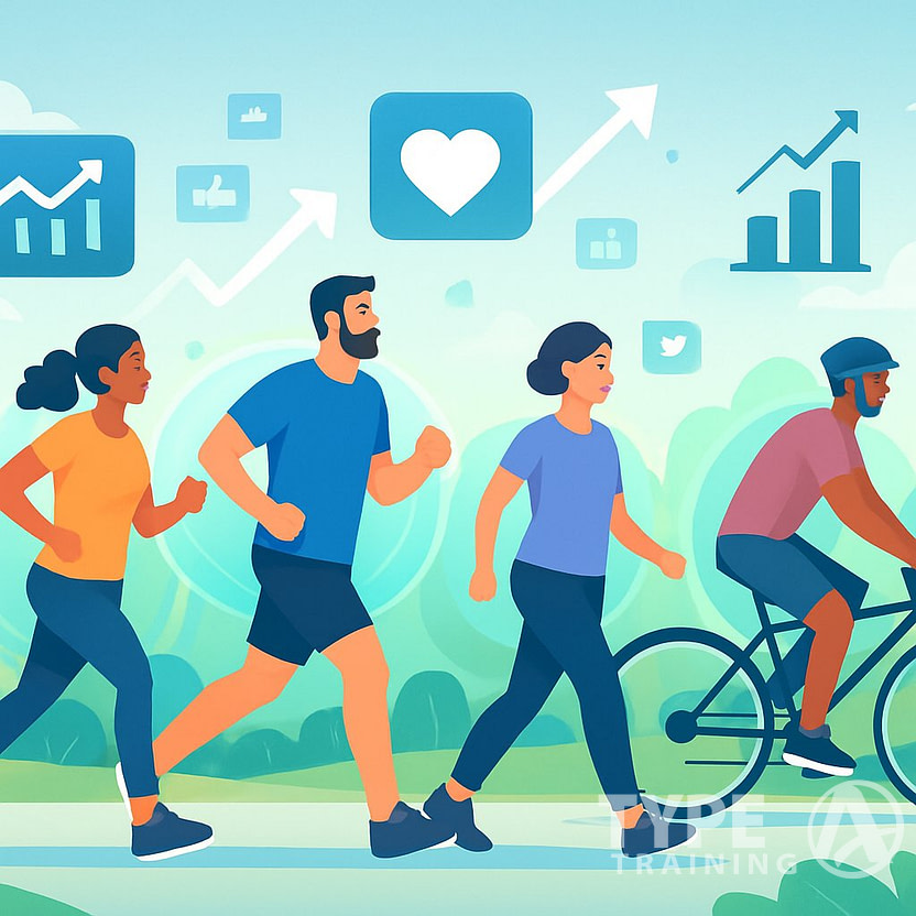 People exercising outdoors at moderate intensity with digital icons and graphs floating around them representing an online trend.