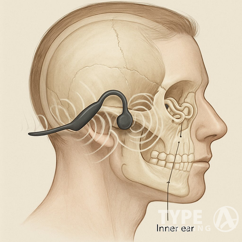 Side view of a human head showing bone conduction headphones transmitting vibrations through the cheekbones to the inner ear.