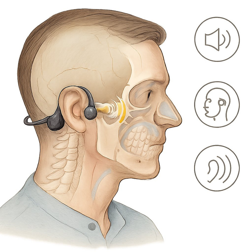 A person wearing bone conduction headphones with sound waves passing through the cheekbones to the inner ear, alongside icons representing safe volume, proper placement, and awareness of ambient sounds.