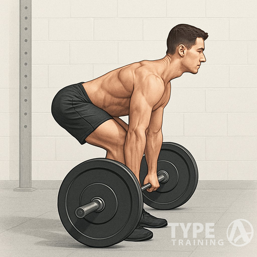 A person performing a deadlift with proper form, standing with a straight back and bent knees while holding a barbell on the ground.