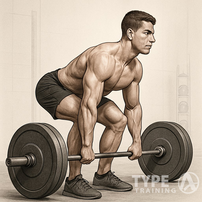 A man performing a deadlift with correct form, standing on a gym floor holding a barbell with a straight back and bent knees.