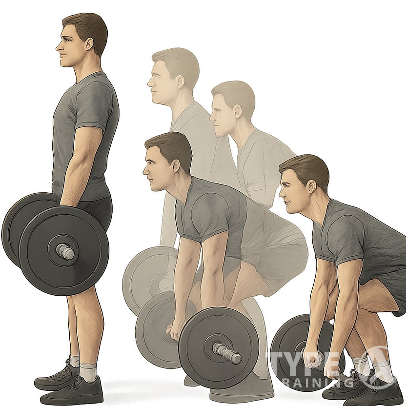 A person performing a deadlift shown in multiple stages demonstrating proper lifting form.