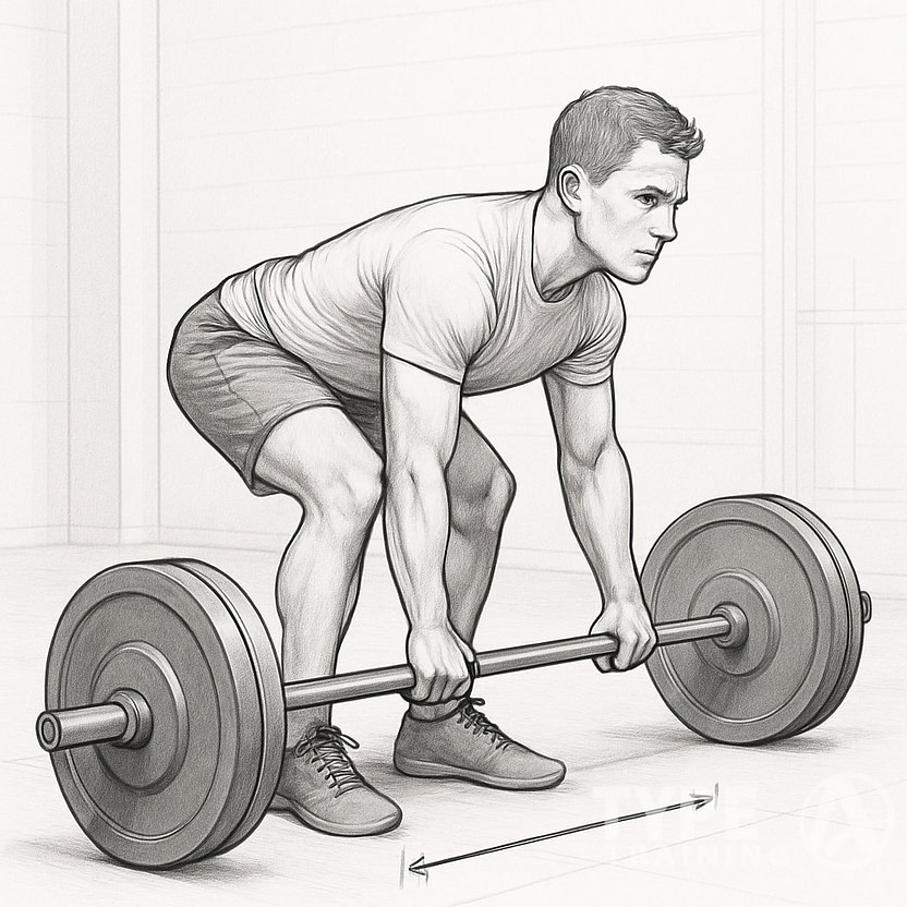 A man performing a deadlift starting too far away from the barbell in a gym.