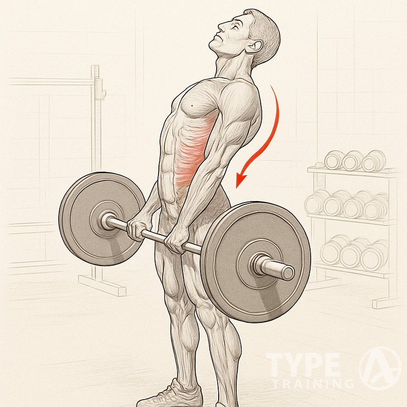 A man holding a barbell at hip level with an overly arched lower back, showing incorrect deadlift form due to overextension.