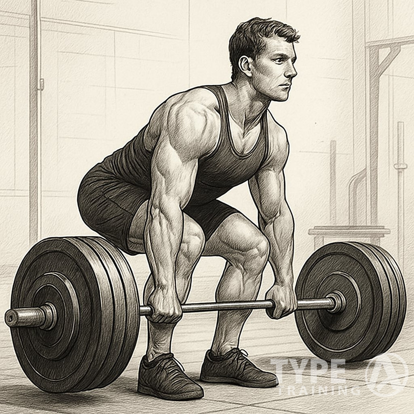 A person lifting a heavy barbell off the ground with proper deadlift form in a gym.