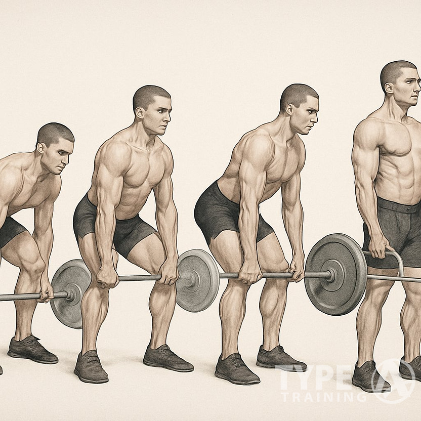 Four figures demonstrating different deadlift variations with correct posture and technique, shown from the side.