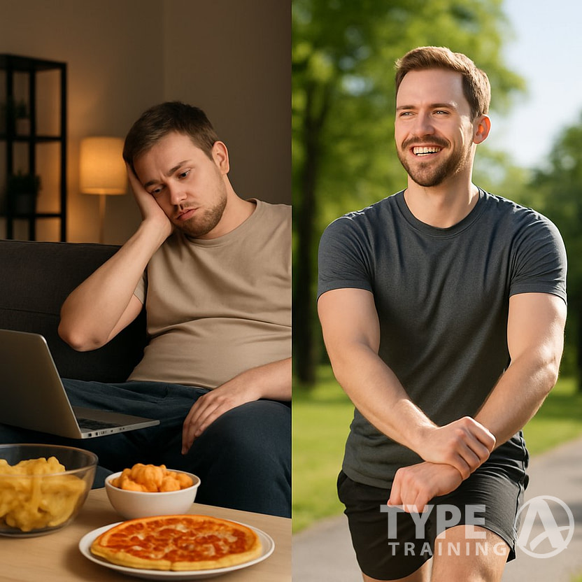 A person shown sitting inactive on a couch with snacks on one side, and the same person exercising outdoors in a park on the other side.