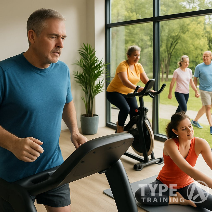People of different ages exercising indoors and outdoors to improve their health and stay active.