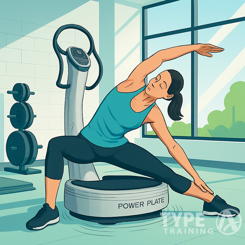 A woman stretching on a Power Plate vibration machine in a gym, surrounded by fitness equipment and natural light.