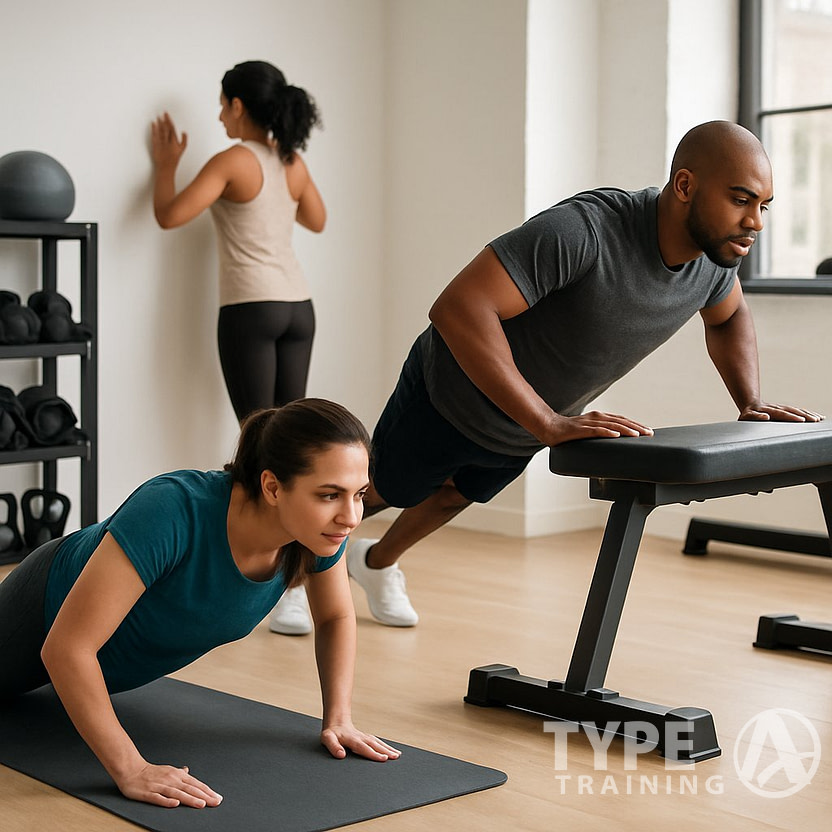 A group of people performing different push-up modifications in a gym, including knee, incline, and wall push-ups.