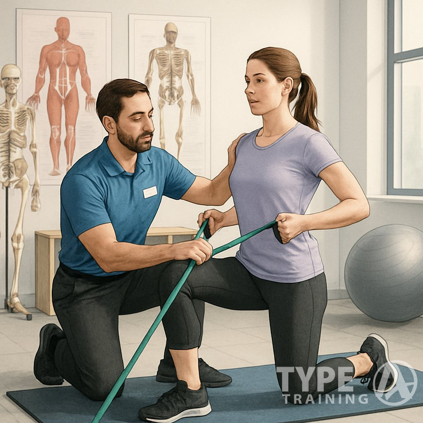 A specialist guiding a client through corrective exercises in a fitness studio with anatomical charts and equipment.