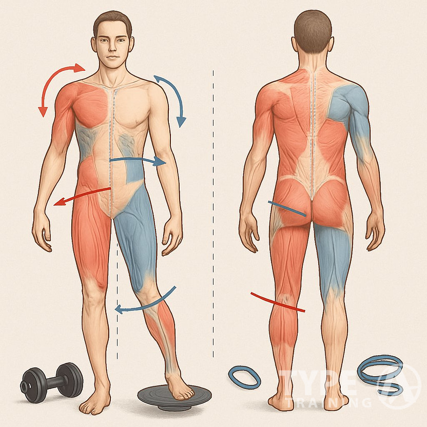 Illustration of a human figure showing common muscular imbalances and visual cues of exercises to restore balance and improve posture.