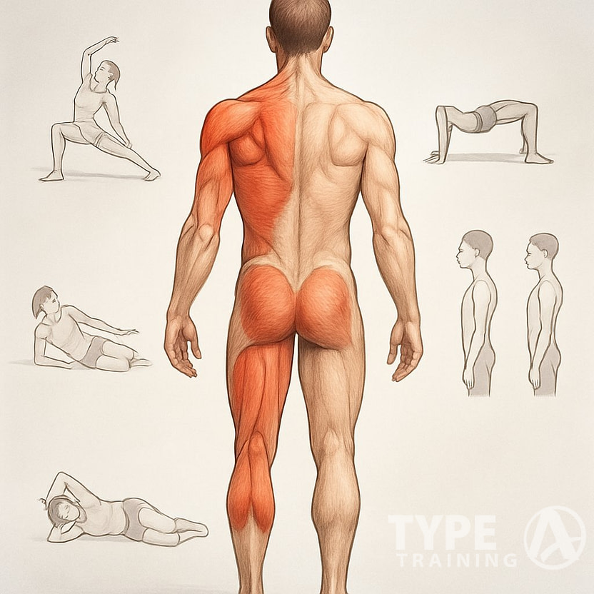 A human figure showing areas of muscular imbalance with surrounding illustrations of corrective exercises.
