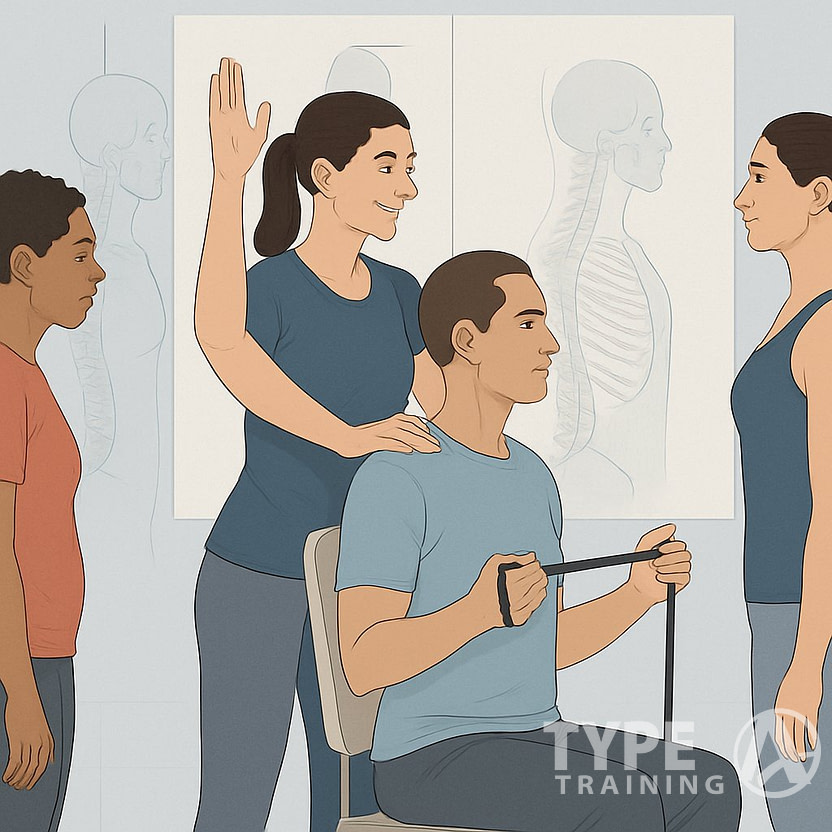 Three adults demonstrating poor and correct posture with a fitness instructor guiding them through posture-improving exercises in a gym setting.