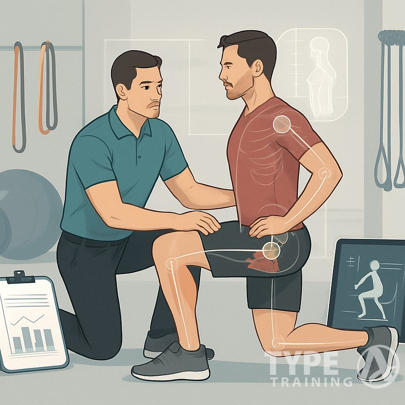 A specialist observing a client performing an exercise to assess movement, with visual elements showing muscle groups and assessment tools in a gym setting.