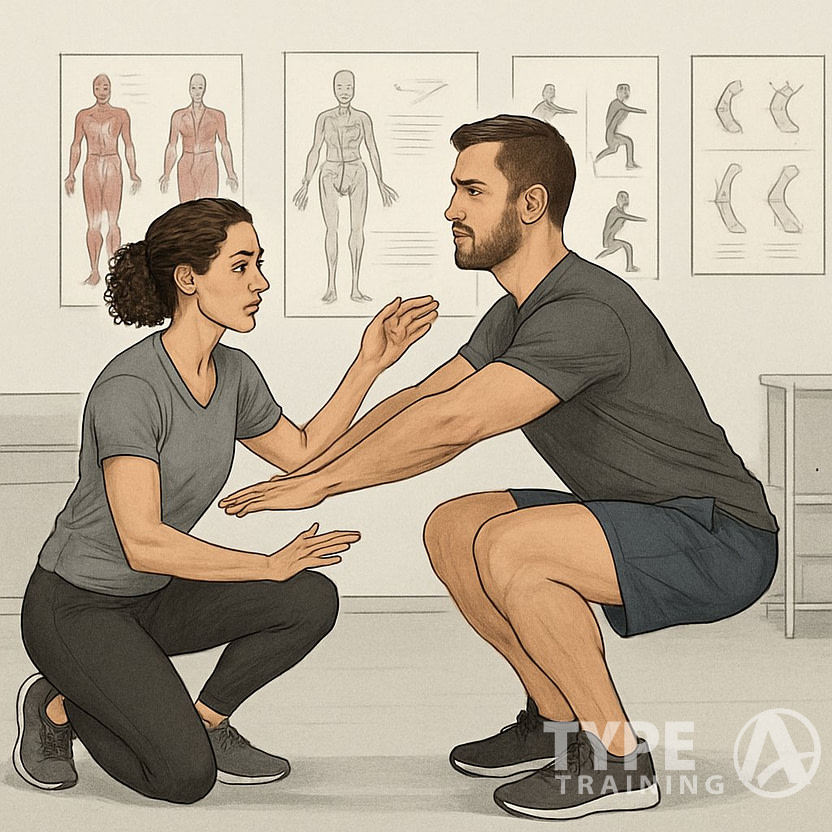 A specialist observes a client performing a squat during a movement assessment in a clinical setting.