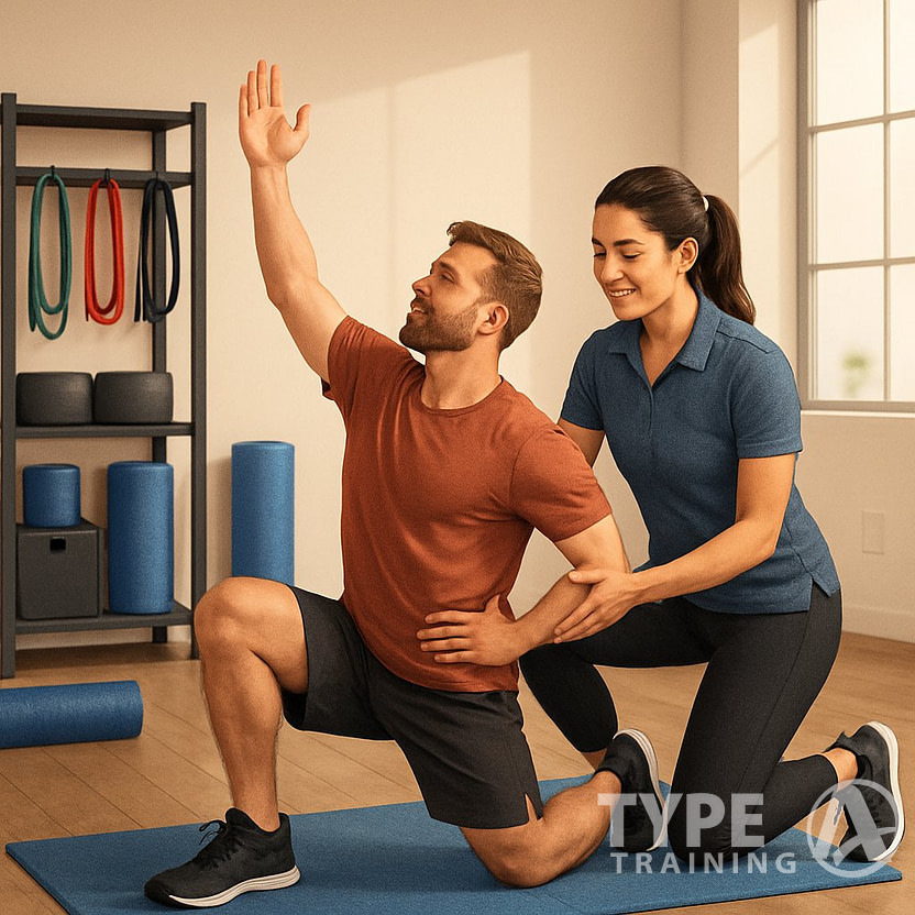 A corrective exercise specialist guiding a client through a personalized exercise in a fitness studio.